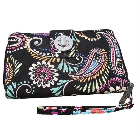 Vera Bradley Banana Swirl Black and Pink Floral Paisley Wallet Wristlet - Picture 1 of 11
